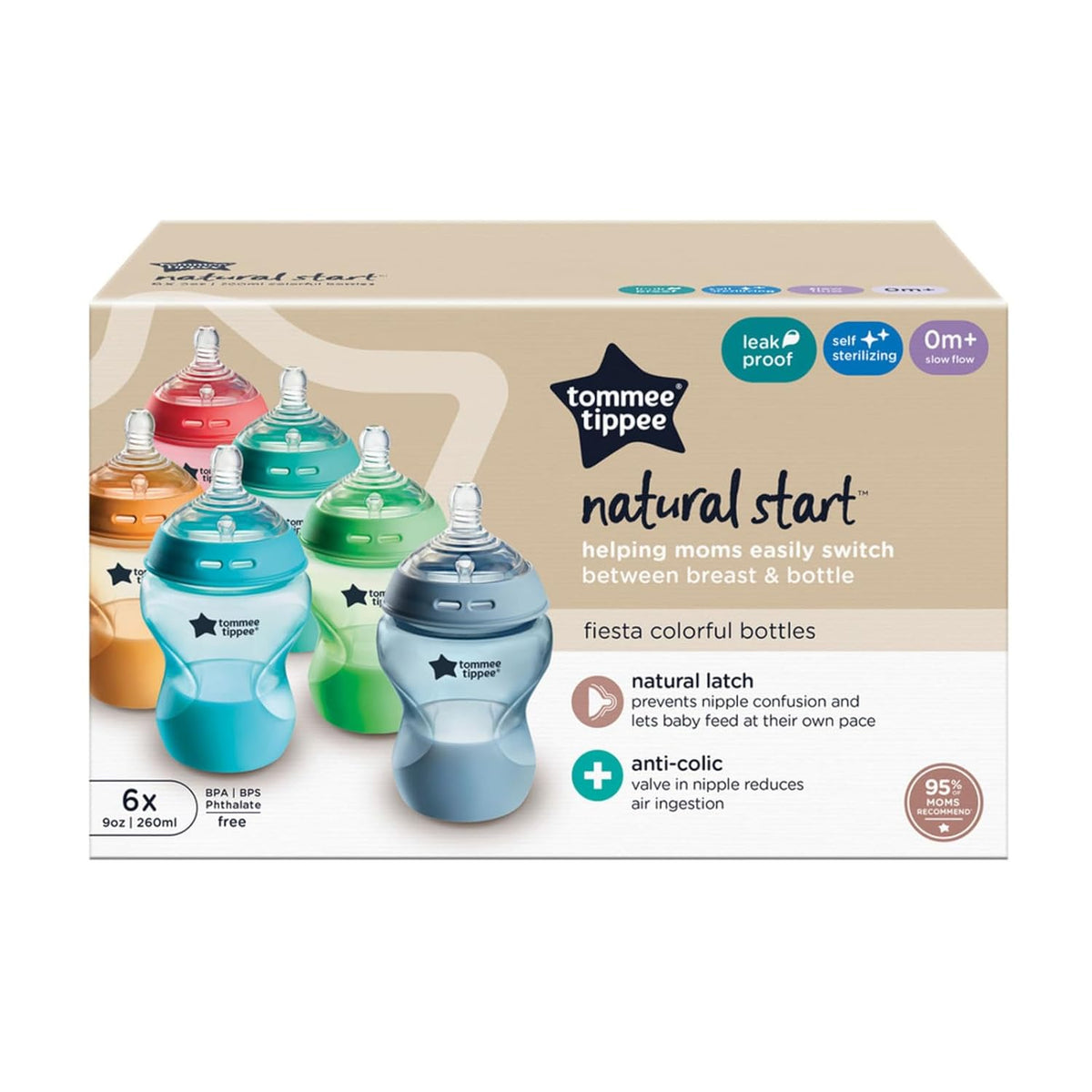 Tommee Tippee Natural Start Anti-Colic Multicoloured Baby Bottles - Pack of 6